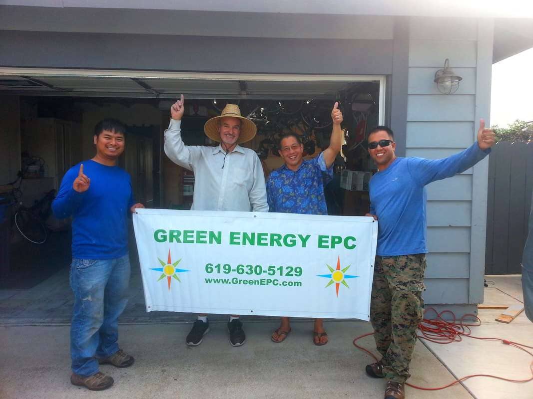 Diane and Ken M. 3.66kW DC solar PV + Emergency Backup Power! Green Energy EPC Solar PV installation team (left to right): Tan Ho, Phil Salamone, (customer Ken M.), and Albert Belardes.