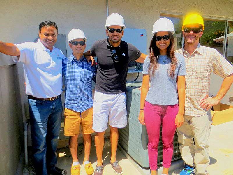 Carole & Bob S., Cardiff, 5.76kW DC solar PV + LEDs + Emergency Backup Power! Left to Right: Sam Syed, owner Green Energy EPC, plus Makello Energy Efficency interns, Sam Bunarjo, Ashiq Syed and Bhavna Gupta, with Charlie Johnson, CEO, Makello.