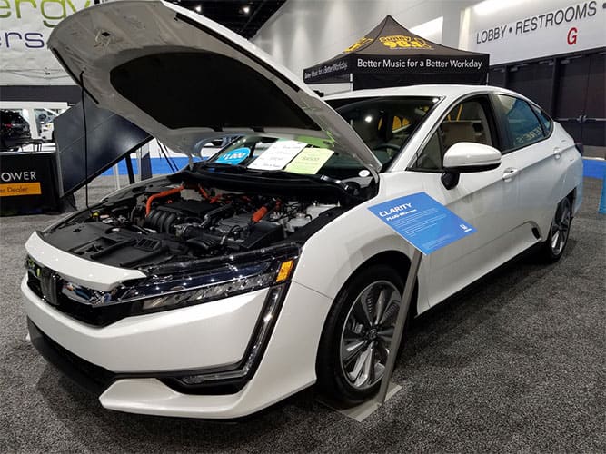 PHEV 2019 Honda Clarity Plug-in Hybrid FWD: 17kWh battery @ 3.2mi/kWh = 47mi EV range; 7gal. @ 41.9MPG = 293mi ICE Range; 340 mi Total Range, 284 Total hp. MSRP=$33,400