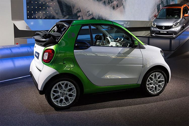 BEV 2019 smart EQ fortwo Cabrio RWD: 18kWh battery @ 3.0mi/kWh = 57mi EV range; 57 mi Total Range, 80 Total hp. MSRP=$28,100