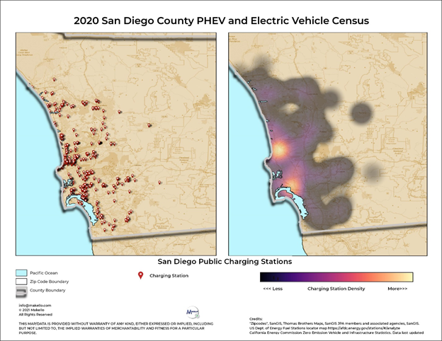 Map showing the distribution of public electric vehicle charging stations in San Diego County