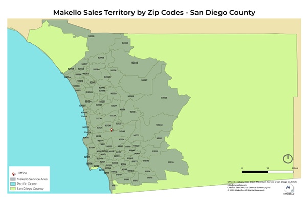 Makello Service Area Map with zip codes